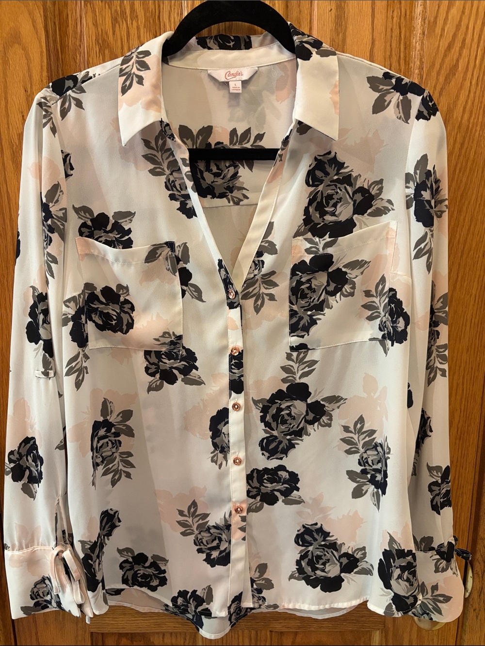 Candie's Sheer Floral Blouse in White, Black and Blush